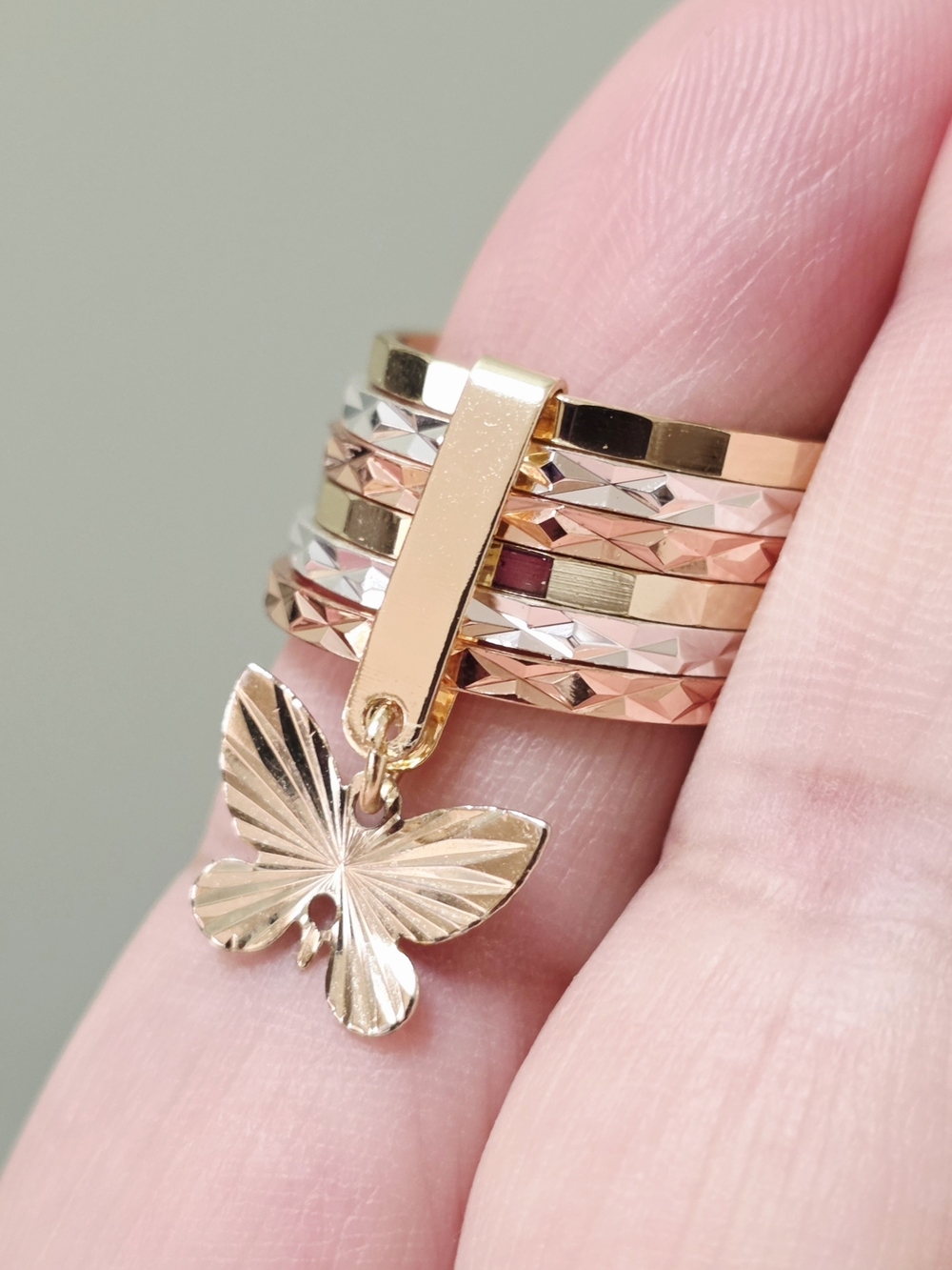 18k Gold Plated Stacking Ring with Butterfly Charm - Gold, Rose & Silver
